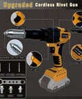 Workhorse Cordless Rivet Gun With Brushless Motor And One Button Auto Riveting For 20V Batteries Including Aluminum Rivets Quick Swap Nose And Bright Led Work Light Tool Only, showing features and design.