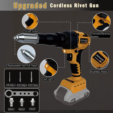 Workhorse Cordless Rivet Gun With Brushless Motor And One Button Auto Riveting For 20V Batteries Including Aluminum Rivets Quick Swap Nose And Bright Led Work Light Tool Only, showing features and design.