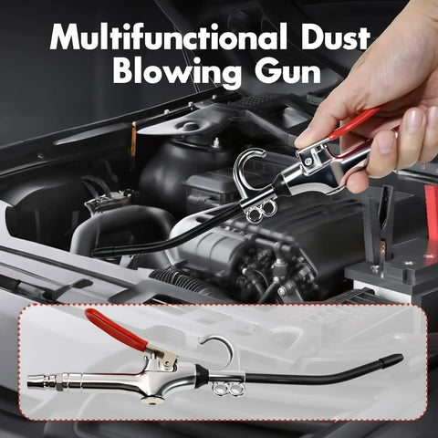 Pro Grade High Volume Air Blow Gun With Aluminum Guard for debris cleanup, shown for automotive use, heavy duty metal with copper valve.