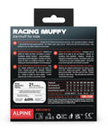 Back packaging of Alpine Muffy Kids Noise Canceling Headphones For Race Lovers, detailing 25 Decibel Sound Dampening, ANSI CE Certified.