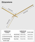 Gold Clock Hands And Quartz Movement Kit For DIY Wall Clocks showing dimensions of second, minute, and hour hands.
