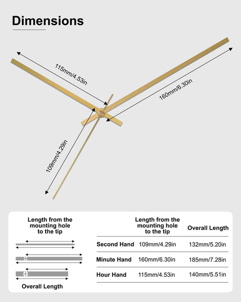 Gold Clock Hands And Quartz Movement Kit For DIY Wall Clocks showing dimensions of second, minute, and hour hands.