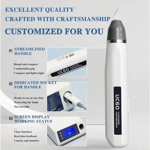 Handheld Ultrasonic Power Cutter Knife With Five Hella Sharp Blades For Easy Peasy Cuts On 3D Prints Tough Plastic Premium Leather Durable Resin Solid Wood Glossy Acrylic Sheets on white background.