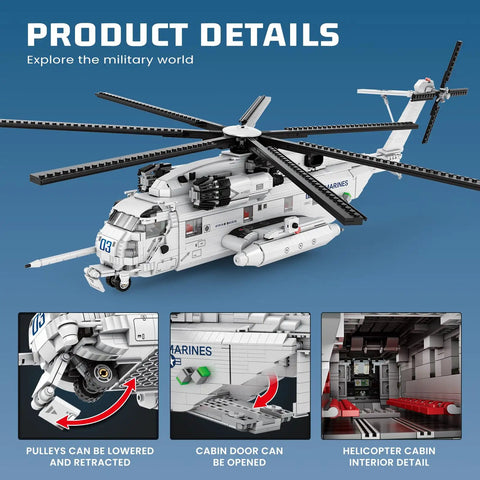 Product details of CH-53 Transport Helicopter Model Kit For Adults, showing detailed parts and cabin features.
