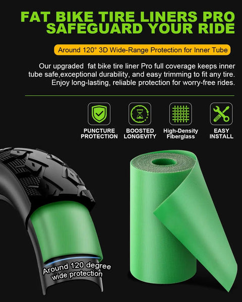 Fat Bike Tire Liner Pro Inner Tube Flat Protector showing green material and puncture protection features