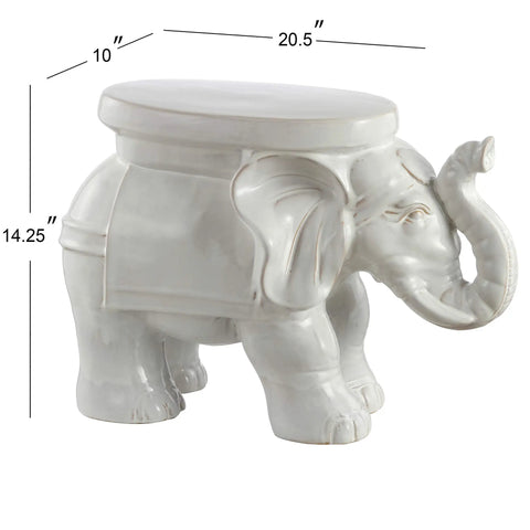 White Elephant Ceramic Garden Stool 14.25 Inch Glazed Elephant Seat For Indoor Outdoor Use Weather Resistant Patio Side Table And Plant Stand Boho Chic Antique White Finish