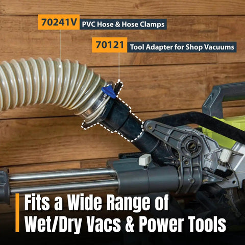 Step Adapter for Shop Vac and Wet Dry Vacuums lets you connect power tools and vacuum attachments, shown installed between vacuum hoses.