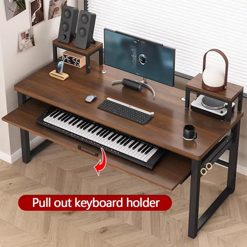 70 Inch Music Studio Desk Workstation with Multi Tier Layout, Sliding Keyboard Tray, Built In Cable Management, monitors and computer setup in Dark Walnut Finish.
