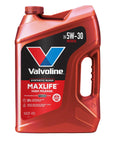 Valvoline MaxLife High Mileage 5W-30 synthetic blend motor oil, front view, red 5-quart plastic bottle