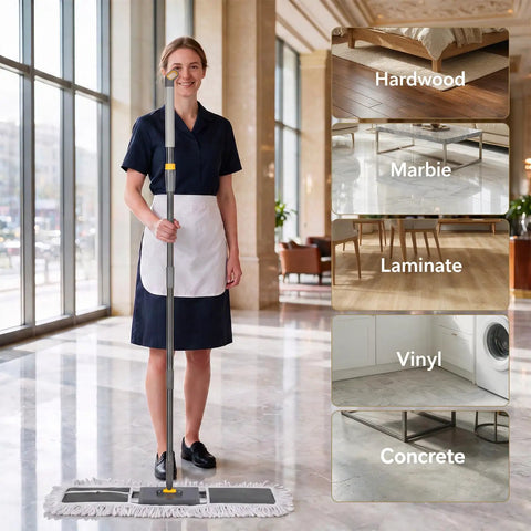 Heavy Duty 36 Inch Commercial Flat Mop With Extra Long Aluminum Pole For Garages And Shops Rock Solid 360 Swivel Head in use on various floor types.