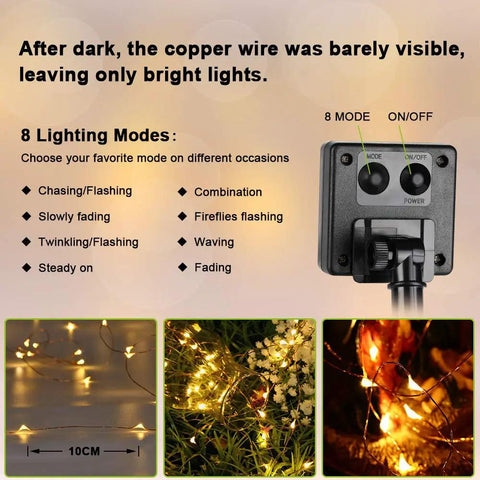 2 Pack Solar String Lights 132Ft Of Warm White LED Fairy Lights, 8 modes controller and lights on flowers and wire.
