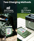 Inflatable 24 Inch Solar Camping Lantern Must Have with Magnetic LED Tube Light in green showing solar and USB-C charging methods outdoors.