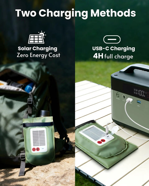 Inflatable 24 Inch Solar Camping Lantern Must Have with Magnetic LED Tube Light in green showing solar and USB-C charging methods outdoors.
