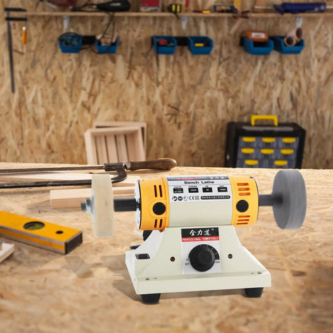 Powerful 350W Bench Grinder And Buffer With Adjustable Speed Up To 10,000 RPM on a workshop bench