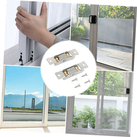 Heavy Duty Stainless Steel Sliding Door Wheels Pair With Double Pulley Track For Smooth Quiet Glide And No Sweat Cabinet Hardware Upgrade Set Includes Mounting Screws and screws display.