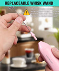 Person holding Powerful Rechargeable Milk Frother Wand With Stand, Handheld Electric Foam Maker For Coffee, detachable whisk.