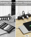 Before and after setup with 15 Outlet Desk Clamp Power Strip With Widely Spaced Outlets And 6 Ft Flat Plug Surge Protector on desk.