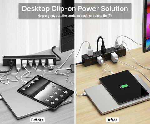 Before and after setup with 15 Outlet Desk Clamp Power Strip With Widely Spaced Outlets And 6 Ft Flat Plug Surge Protector on desk.