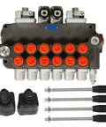 Front view of 6 Spool 21GPM Hydraulic Directional Control Valve With Joystick, Double Acting, 3625 PSI Max, SAE 10 ports, heavy-duty use.