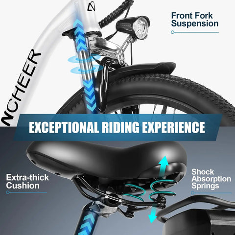 Electric Bike For Adults 26 Inch Commuter E Bike with front fork suspension and shock absorption springs, enhancing ride comfort.