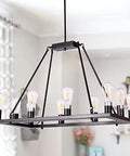 Rectangular Farmhouse Pendant Chandelier With Industrial Rustic Vibe, 10 Lights, Black Finish, 31.5 In Long in dining room