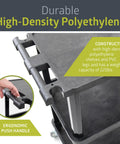 Close-up of Three Shelf Mobile Utility Cart With Two Bins And Locking Wheels, showing durable high-density polyethylene material and ergonomic push handle.