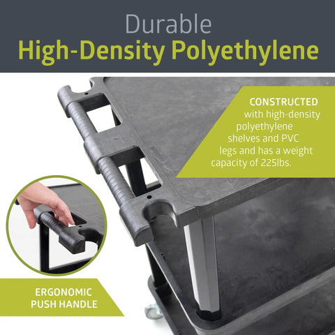 Close-up of Three Shelf Mobile Utility Cart With Two Bins And Locking Wheels, showing durable high-density polyethylene material and ergonomic push handle.