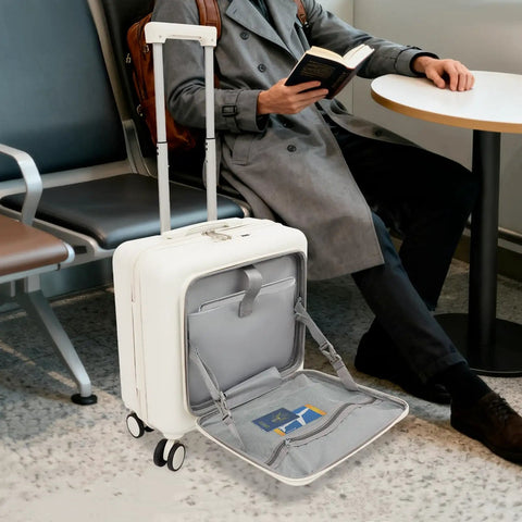 18 Inch Underseat Carry On Luggage With USB Port And Password Lock Hard Shell Rolling Suitcase Featuring 180 Degree Front Opening Compartment