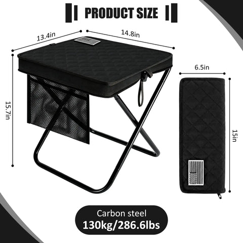 Go-To 2-In-1 Foldable Backpack Stool Heavy Duty Portable Seat For Fishing Hiking Picnics And Outdoor Adventures Thickened Collapsible Chair With Crossbody Sling Bag Hands Free Carry Black showing dimensions and carbon steel frame