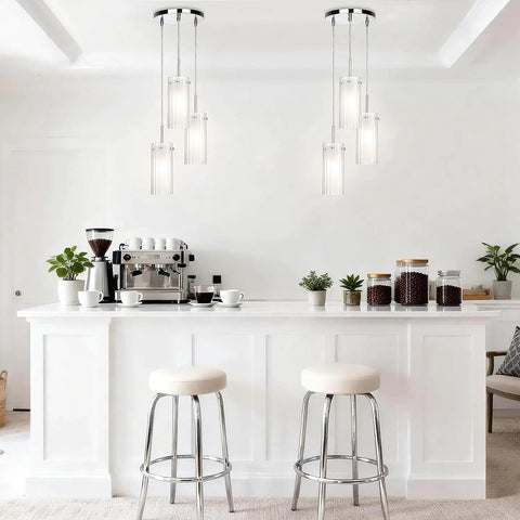 Modern Chrome Pendant Light With Clear Glass Cylinder And Frosted Inner Shade, 1 Light Hanging Fixture in a kitchen setting