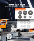 Precision Benchtop Metal Lathe 7 X 14 Inch With 0-2200 RPM Variable Speed And 500W Brush Motor showing heavy-duty metal gears