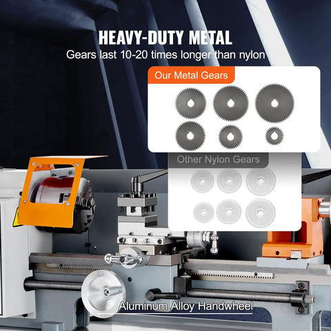 Precision Benchtop Metal Lathe 7 X 14 Inch With 0-2200 RPM Variable Speed And 500W Brush Motor showing heavy-duty metal gears