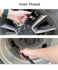 UHARBOUR dual-head tire pressure gauge with extended tube attached to car tire valve (front view)

UHARBOUR dual-head tire pressure gauge with extended tube near wheel hub (side view)