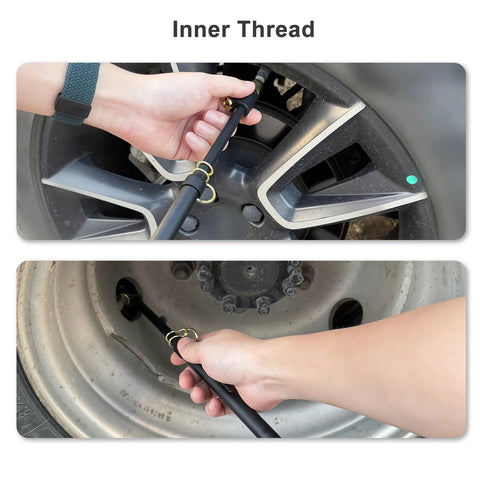 UHARBOUR dual-head tire pressure gauge with extended tube attached to car tire valve (front view)

UHARBOUR dual-head tire pressure gauge with extended tube near wheel hub (side view)