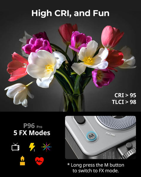 Vibe P96 Pro LED Video Light For Camera, CRI>95, CCT 2500K-6500K, high CRI effects with colorful flowers display