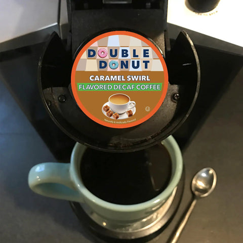 Caramel Swirl Decaf Coffee Pods For Keurig K Cups Medium Roast Flavored Coffee Pods 24 Count in Keurig machine with cup