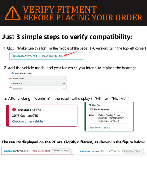 Diagram showing steps to verify fitment for 2-Pack Sealed Front Wheel Hub Bearing Assembly 513121 5-Lug w/ ABS OE Fit Replacement compatibility.