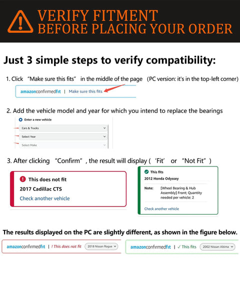 Instructions for verifying fitment before ordering a wheel bearing hub assembly on Amazon, detailing steps for compatibility check.