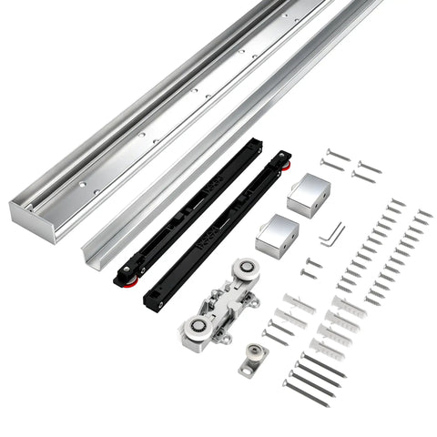 Slick Concealed Barn Door Hardware Kit With Soft Close Mechanism For Hidden Ghost Sliding Door System parts shown