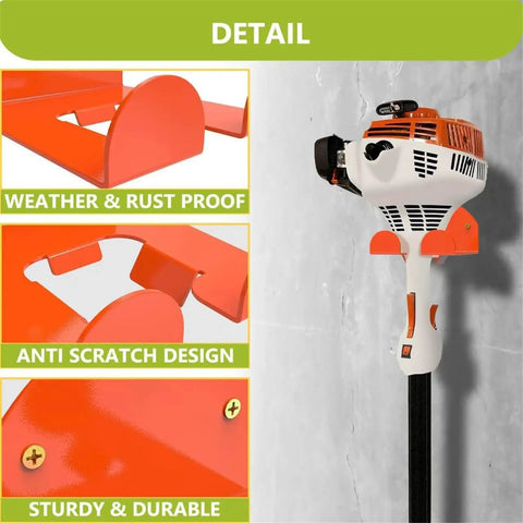 Weather and rust-proof Beefy Wall Mount Trimmer Rack For Weed Eater And Hedge Trimmer with anti-scratch design, sturdy steel construction.
