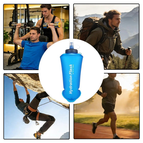 750ml Foldable TPU Hydration Water Bottle For Cycling And Outdoor Adventures with images of outdoor activities