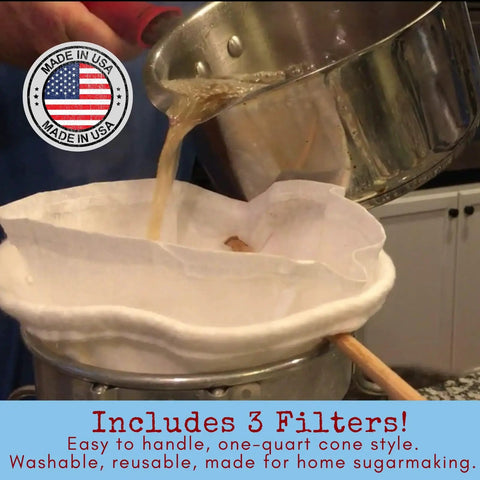Boiling maple sap into Maple Syrup Filter Set For Home Sugaring, 1 Qt Three Piece Kit With One Heavy Duty Synthetic Filter, USA Made.