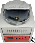 Pro Grade Electric Roaster With Self Turning Cast Iron Drum For Coffee Beans Peanuts Chestnuts And Seeds Auto Heat Control, top view of stainless steel roaster.