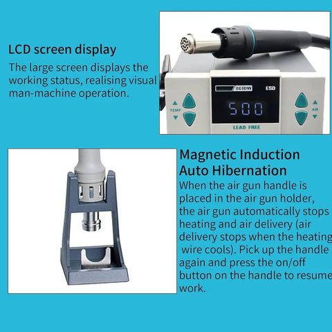 High Power 1000W Hot Air Rework Station With Auto Sleep, 110V Digital LCD Display showing temperature settings