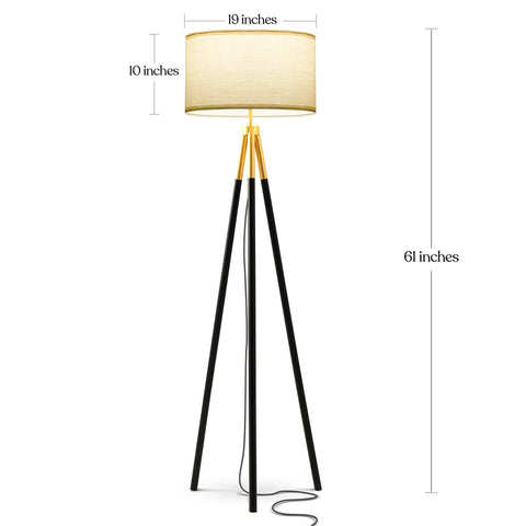 Levi LED Floor Lamp With Tall Black And Gold Tripod For A Dope Living Room Vibe Showing Dimensions and Linen Shade Detail
