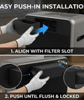 Partial view of hands installing filter into equipment showcasing the Premium Direct Fume Extraction Adapter To Kick The Stank Out With Seamless Smoke Filtering Using A Universal Four Inch Duct Coupling And Rock Solid Vent Hose Connector For Top Shelf Airflow Daily.