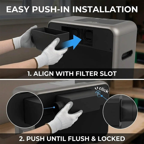 Partial view of hands installing filter into equipment showcasing the Premium Direct Fume Extraction Adapter To Kick The Stank Out With Seamless Smoke Filtering Using A Universal Four Inch Duct Coupling And Rock Solid Vent Hose Connector For Top Shelf Airflow Daily.