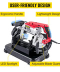 Portable Band Saw 110V 10A Motor With Removable Alloy Steel Base, ergonomic handle, lightweight design, LED spotlight, and blade guard.