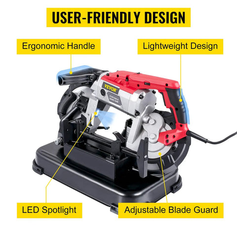 Portable Band Saw 110V 10A Motor With Removable Alloy Steel Base, ergonomic handle, lightweight design, LED spotlight, and blade guard.
