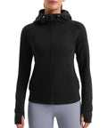 Model wearing Cozy Womens Fleece Full Zip Hoodie With Thumb Holes Black Hip Length Go To Casual Sweatshirt Jacket